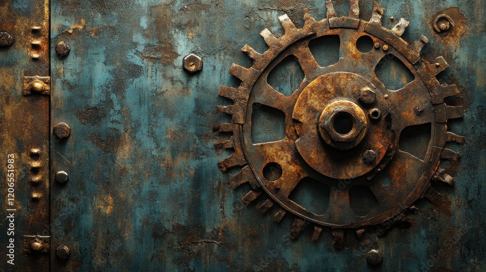 Rusty gear on weathered metal surface. Ideal for industrial, grunge, or vintage designs. Rusty gear on weathered metal surface. Ideal for industrial, grunge, or vintage designs.