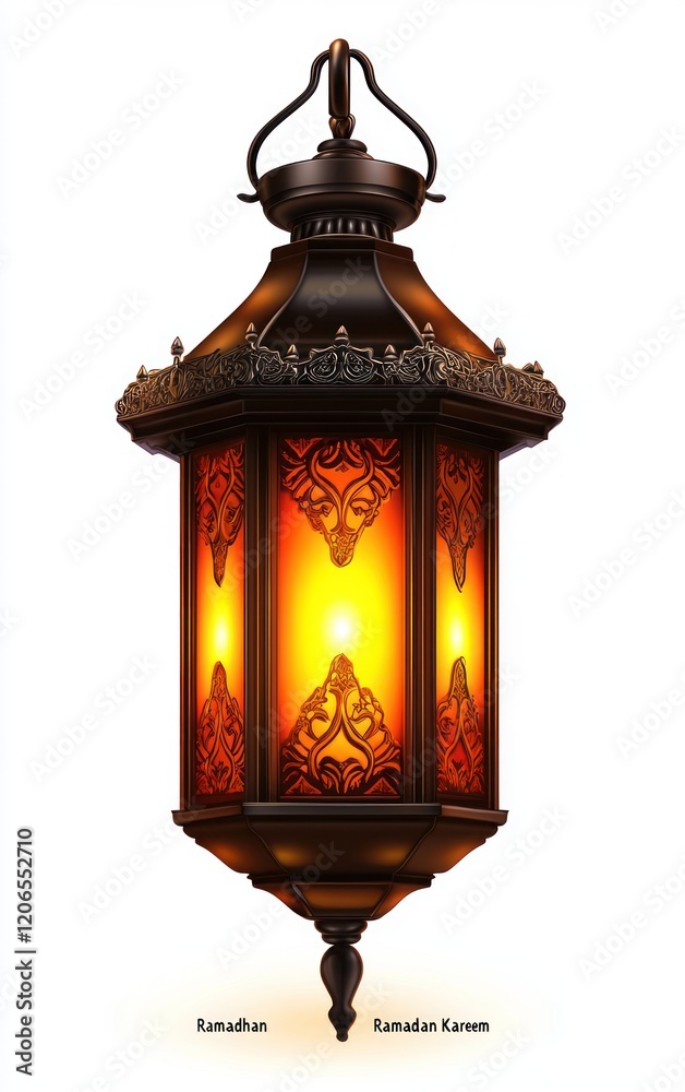 Intricate Hanging Lantern with Warm Glowing Light, Elegant Metalwork and Amber Glass Panels, Festive Atmosphere, Cultural Heritage Intricate Hanging Lantern with Warm Glowing Light, Elegant Metalwork and Amber Glass Panels, Festive Atmosphere, Cultural Heritage