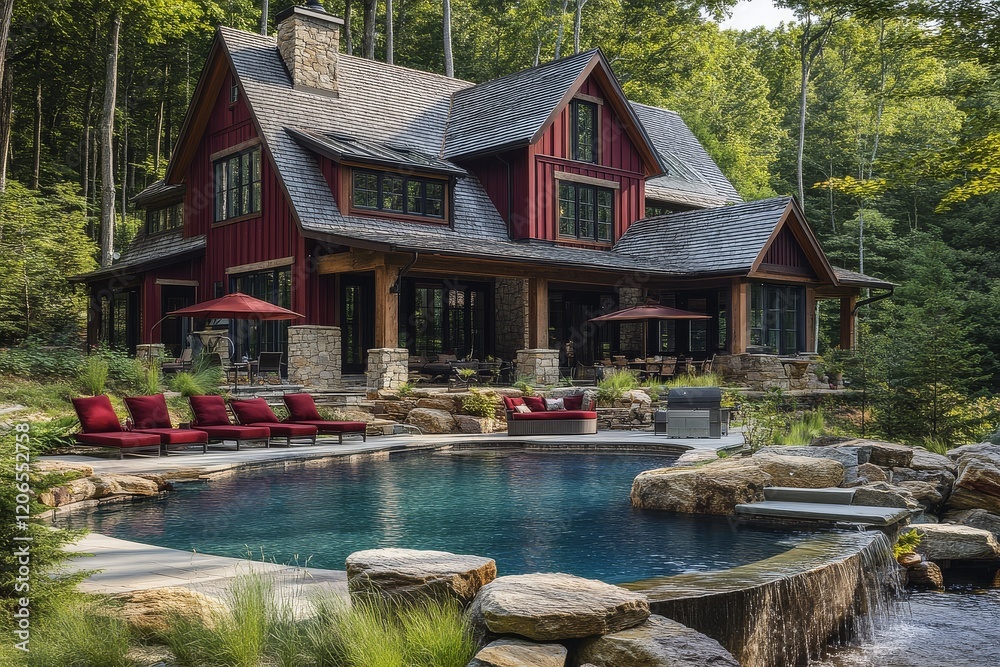 Obraz premium Red barn-style home with stone accents, large pool, and outdoor seating area, surrounded by lush greenery in New England during summer.