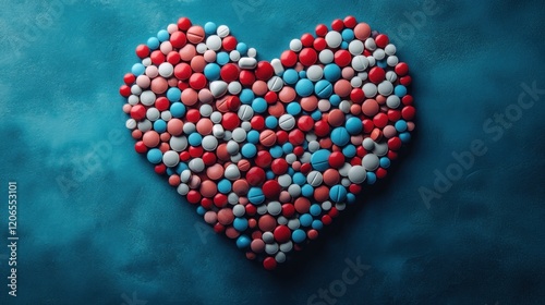 Heart-Shaped Arrangement of Colorful Pills on a Blue Background for Health