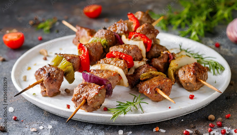 Kebabs With Meat and Vegetables on a White Serving Plate Kebabs With Meat and Vegetables on a White Serving Plate
