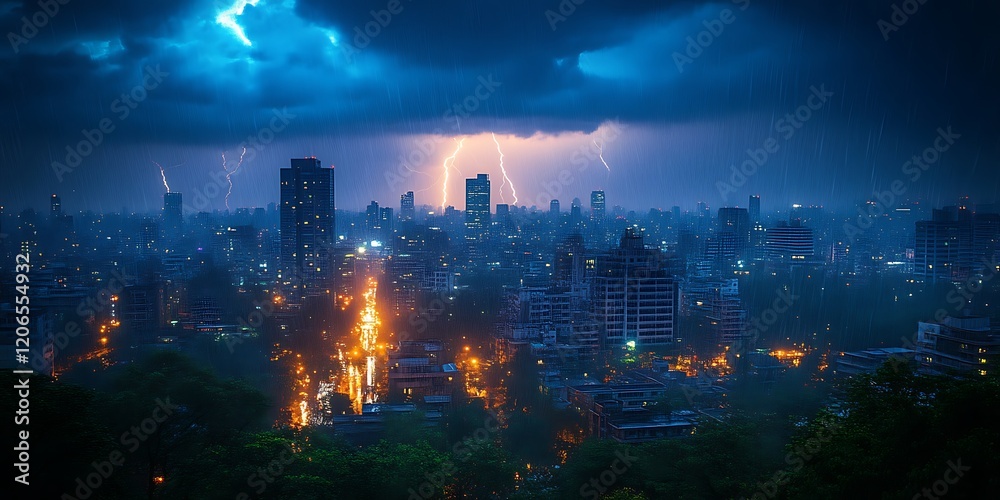 Obraz premium Cityscape Lightning Storm Night