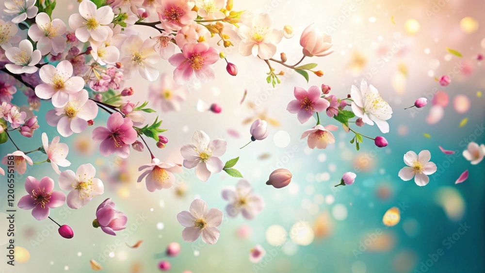 Fototapeta premium Delicate Spring Blossoms Dancing in a Gentle Breeze, Petals Falling Softly on a Dreamy Background