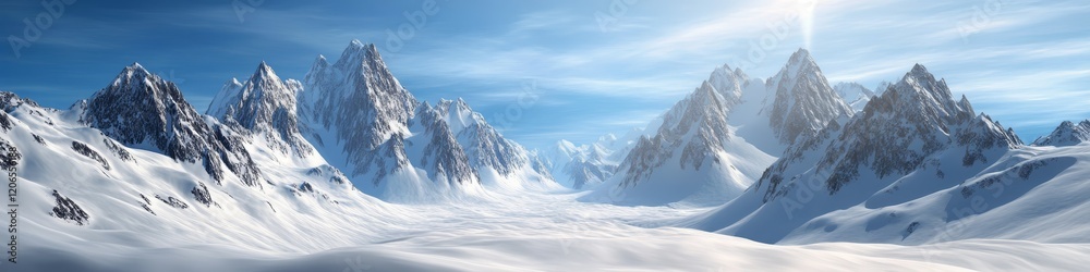 Fototapeta premium A breathtaking snowy mountain landscape under a clear blue sky with sunlight.