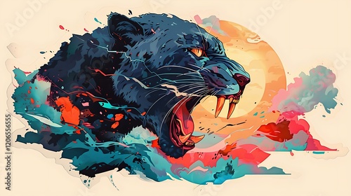 Roaring Panther, Sunset, Abstract Art, Powerful Animal photo