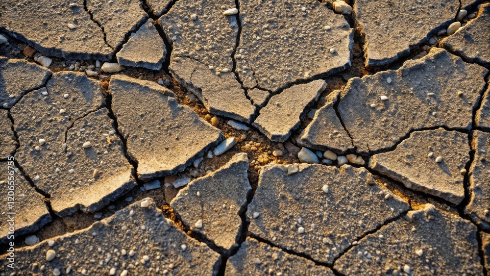 Cracked earth surface texture with small stones interspersed between the fissures under the sunlight Cracked earth surface texture with small stones interspersed between the fissures under the sunlight