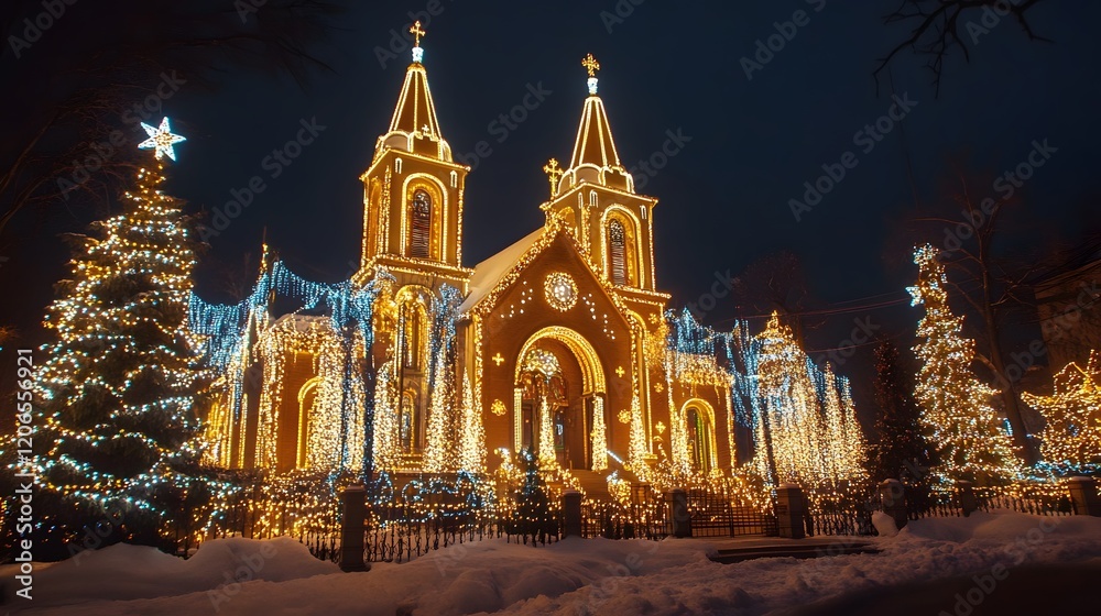 Fototapeta premium Festive Church Decorated With Christmas Lights At Night