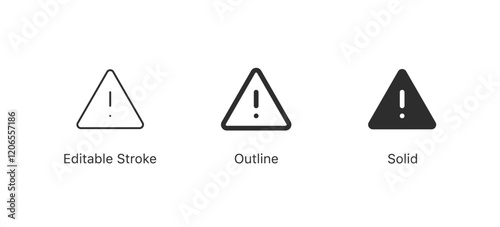 triangle warning icon set, exclamation mark icon sign. editable stroke, outline, and solid styles. for alerts, safety signs or hazard notifications