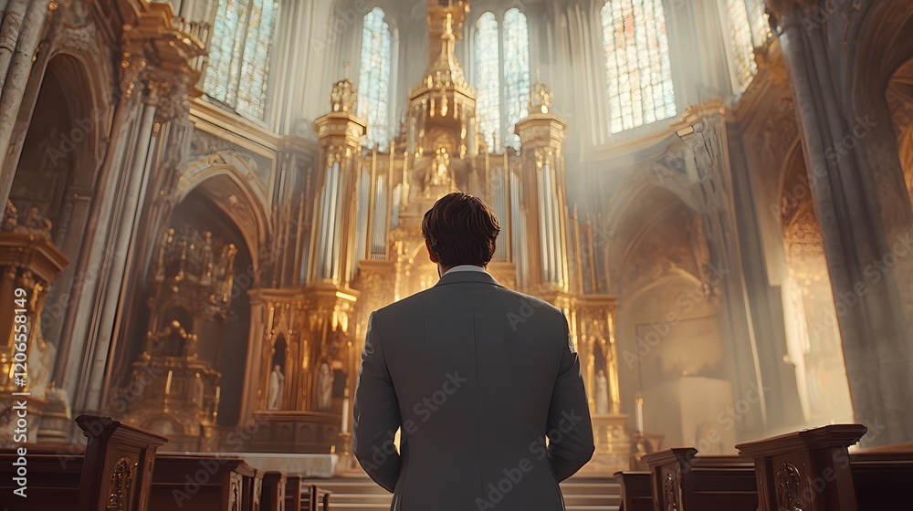 Man in Suit Contemplating in a Grand Cathedral Man in Suit Contemplating in a Grand Cathedral