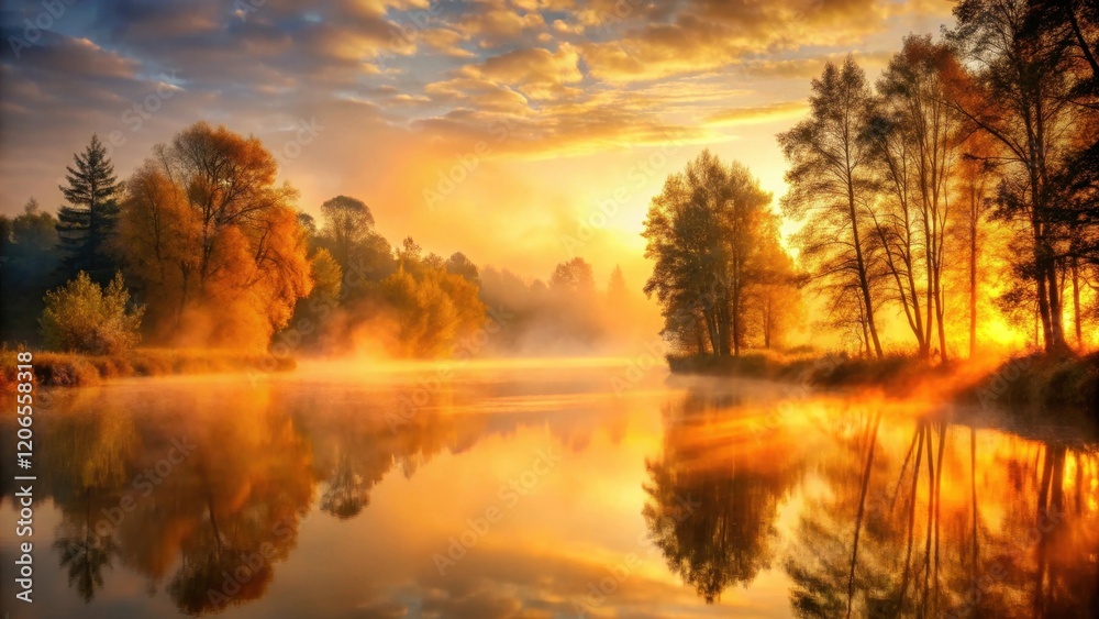 Fototapeta premium Golden Sunrise over Still Water, Trees Silhouetted Against a Vibrant Sky, Misty Morning Scene Reflecting in Calm Lake