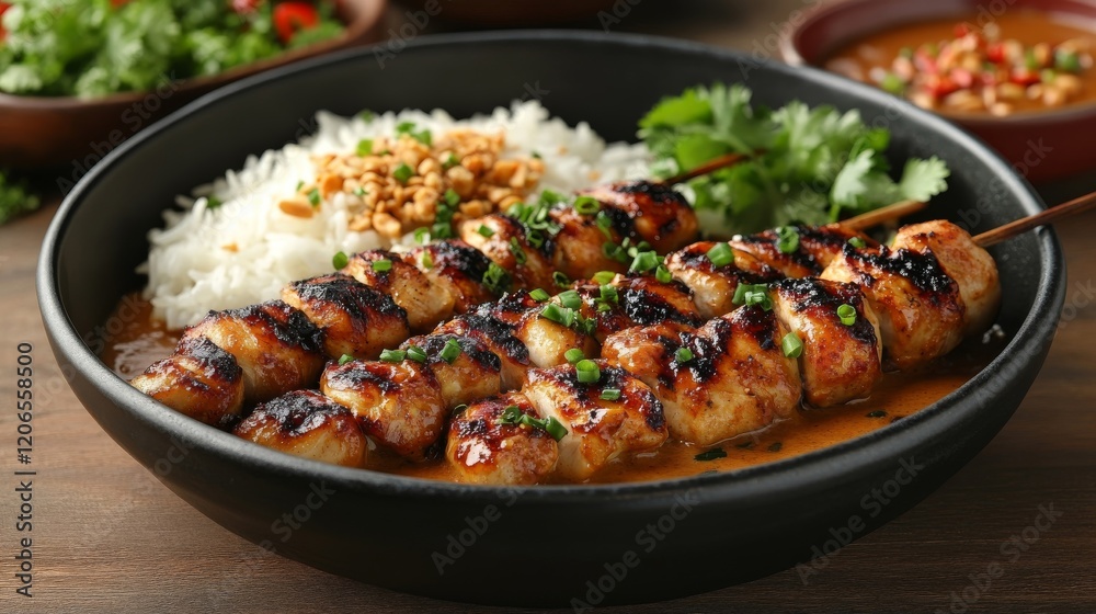 Delicious Grilled Chicken Satay with Peanut Sauce and Rice Delicious Grilled Chicken Satay with Peanut Sauce and Rice