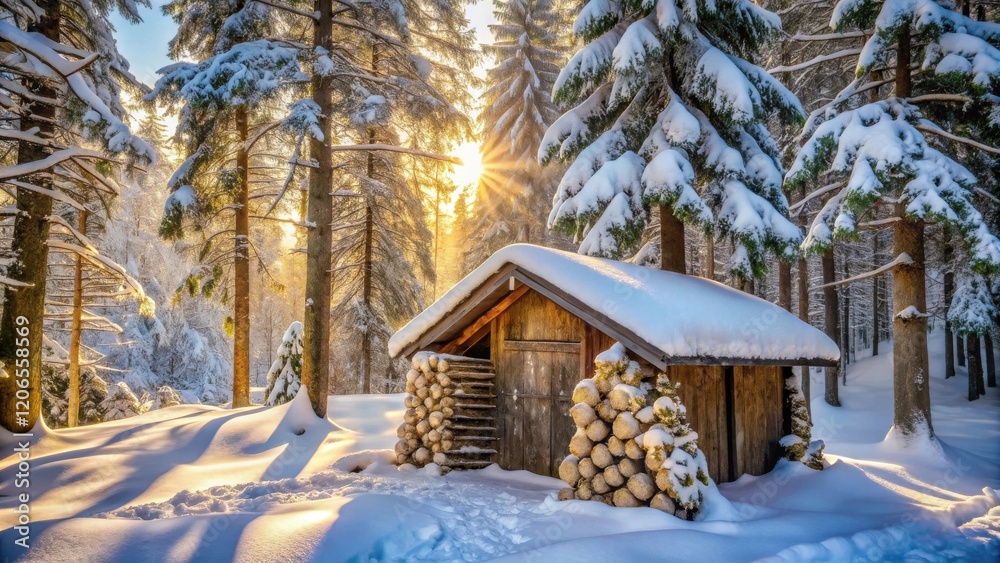 A rustic wooden cabin nestled in a snow-covered evergreen forest, bathed in the golden light of a winter sunrise. A rustic wooden cabin nestled in a snow-covered evergreen forest, bathed in the golden light of a winter sunrise.