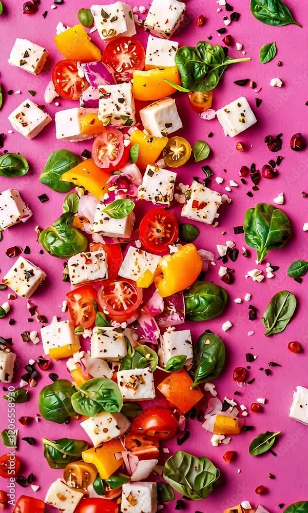 Vibrant feta, tomato, and spinach salad ingredients. Food photography for recipe blogs Vibrant feta, tomato, and spinach salad ingredients. Food photography for recipe blogs