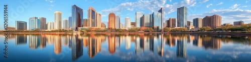 A panoramic view of a city skyline reflecting on water under a clear blue sky.