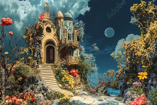 A whimsical fantasy landscape featuring a vibrant, ornate house. photo