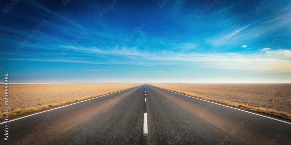 Endless Asphalt Road Stretching Towards a Hazy Horizon Under a Vast Blue Sky