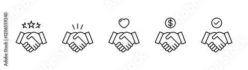 Handshake icon set. featuring business, trust, partnership, agreements, icons minimal thin line web icon set. Outline icons collection. Vector illustration. Editable stroke