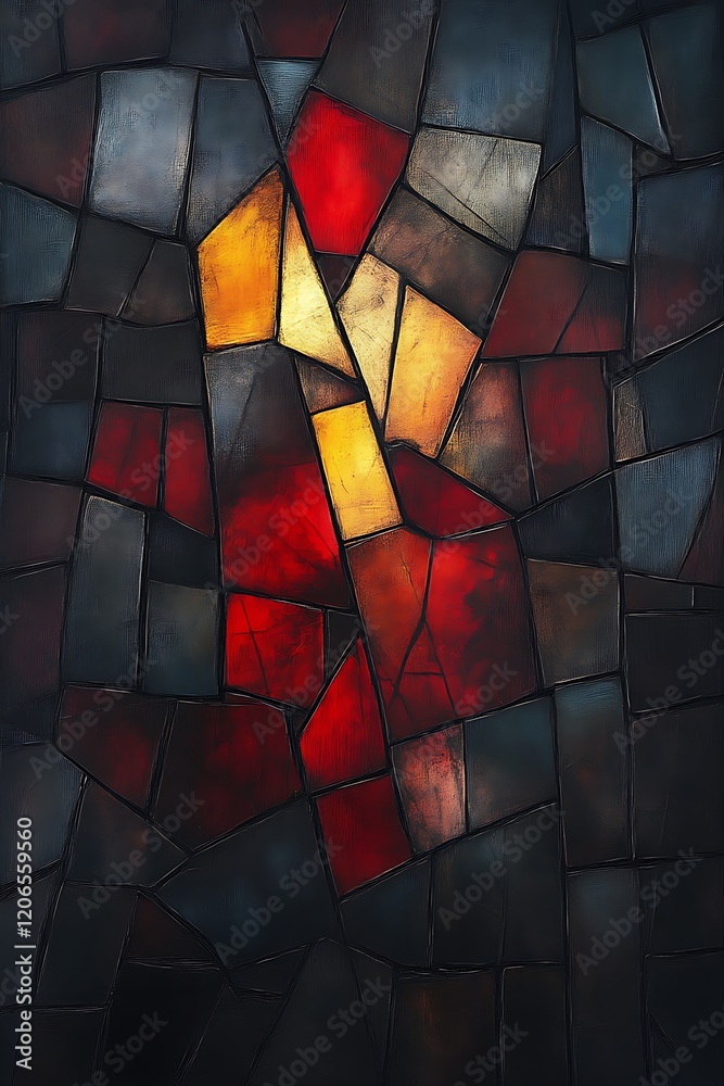 Fototapeta premium Abstract mosaic of red, orange, and blue glass pieces.
