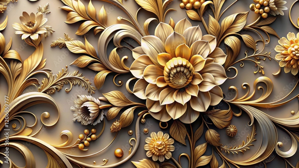 Opulent Gold Floral Design An Intricate Tapestry of Embossed Blooms and Swirling Vines Opulent Gold Floral Design An Intricate Tapestry of Embossed Blooms and Swirling Vines