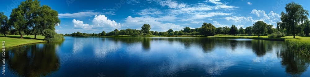 A serene landscape featuring a calm lake surrounded by lush greenery and blue skies. A serene landscape featuring a calm lake surrounded by lush greenery and blue skies.