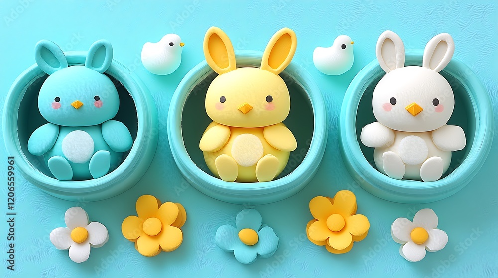 Obraz premium A row of ceramic Easter egg decorations on a mantelpiece, with fairy lights softly illuminating the scene.