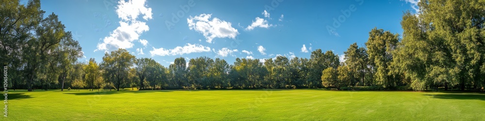 A panoramic view of a lush green park under a clear blue sky with scattered clouds. A panoramic view of a lush green park under a clear blue sky with scattered clouds.