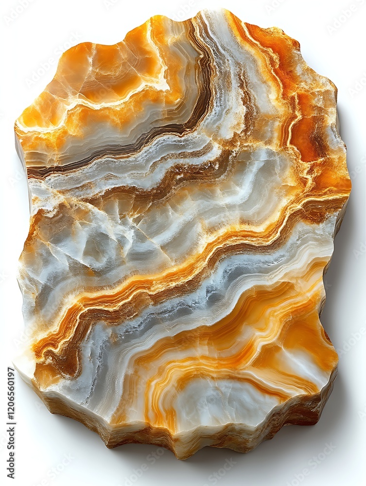 Fototapeta premium Polished onyx slab with orange and white swirling patterns.
