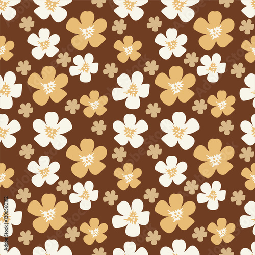 Vector illustration of seamless pattern flowers, cream and brown color tones, light colored leaves. For backgrounds, designs, graphics, publications, clothing designs, packaging.