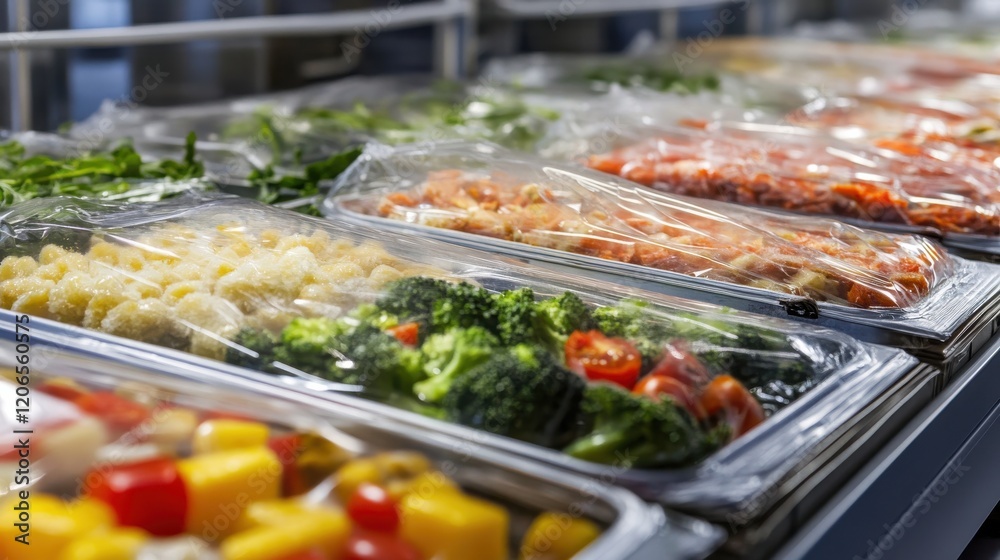Obraz premium Freshly prepared vegetables and seafood displayed in a refrigerated market showcasing vibrant colors