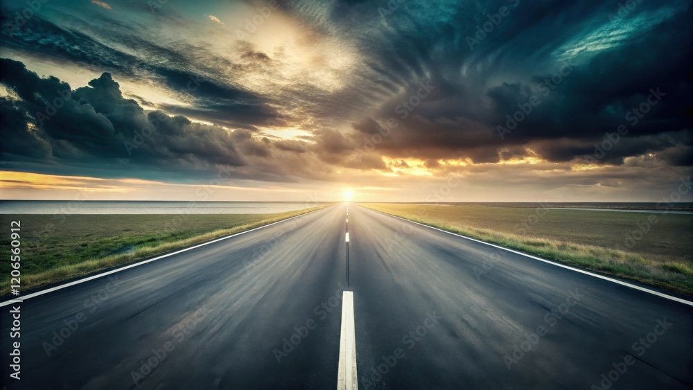 Naklejka premium Asphalt Road Leading to a Sunset Over a Calm Body of Water with Dramatic Clouds