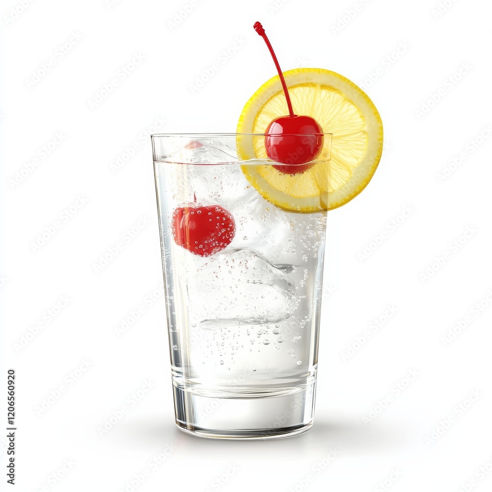 A refreshing Tom Collins with a lemon wheel and cherry, clear and bubbly, isolated white background A refreshing Tom Collins with a lemon wheel and cherry, clear and bubbly, isolated white background