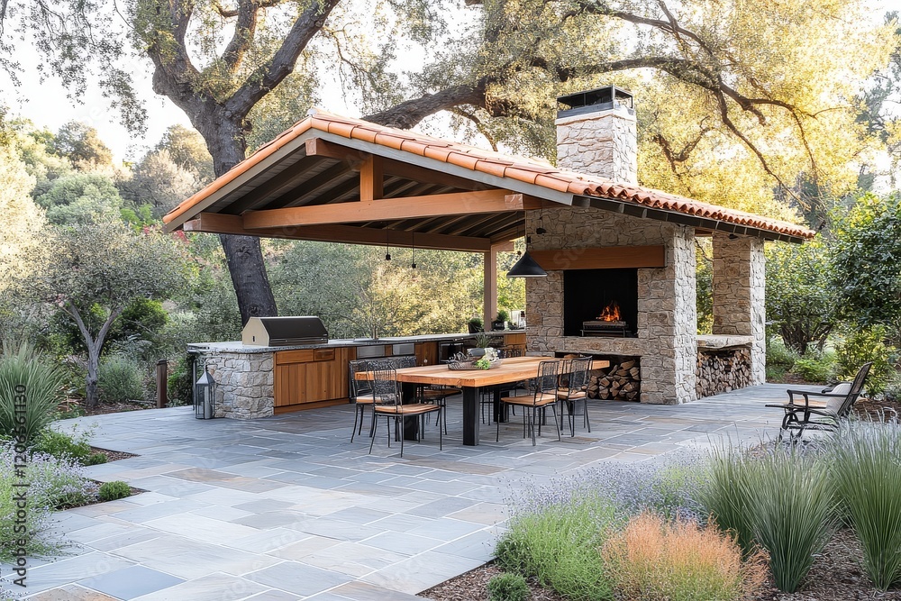 Traditional outdoor living space featuring an open-air kitchen, fireplace, and dining area with natural stone pavers. Includes wooden tables, metal chairs, and a large shade tree. Traditional outdoor living space featuring an open-air kitchen, fireplace, and dining area with natural stone pavers. Includes wooden tables, metal chairs, and a large shade tree.