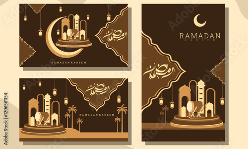 A set of elegant Ramadan Kareem banners featuring Islamic architectural elements, a crescent moon, lanterns, and a bedug drum.