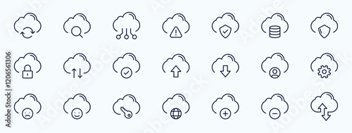 Cloud computing icon set. featuring upload, download, security, sync, storage minimal thin line web icon set. Outline icons collection. Vector illustration. Editable stroke