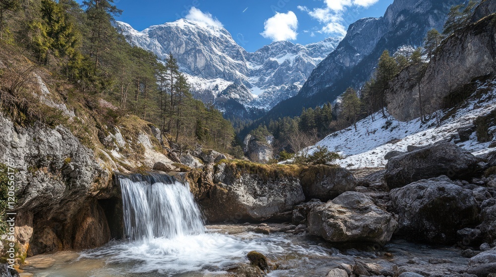 Majestic Alpine Waterfall: Serenity Amidst Snow-Capped Peaks Majestic Alpine Waterfall: Serenity Amidst Snow-Capped Peaks