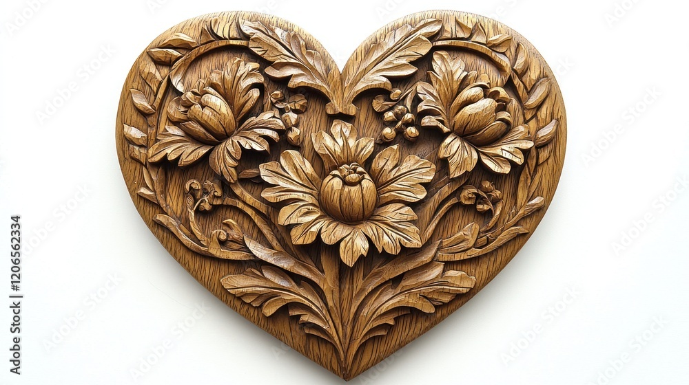 Intricate Wooden Heart Carving with Detailed Floral Relief Intricate Wooden Heart Carving with Detailed Floral Relief