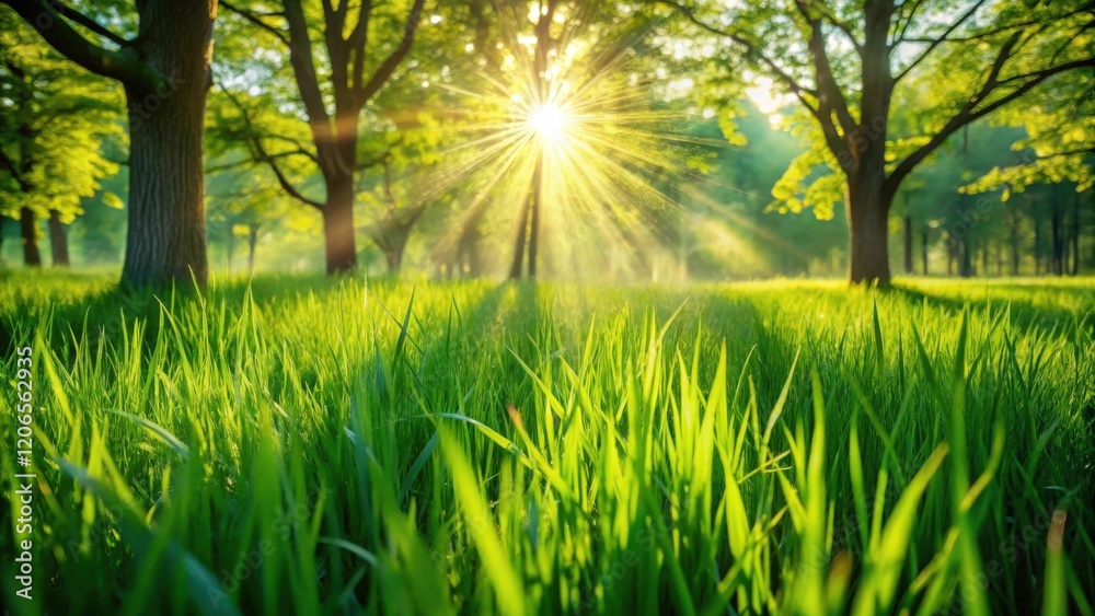 Radiant sunrise illuminating a vibrant green meadow nestled amongst a grove of majestic trees Radiant sunrise illuminating a vibrant green meadow nestled amongst a grove of majestic trees