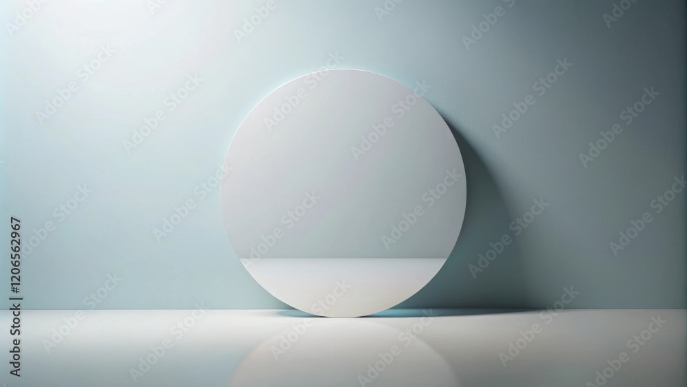 A minimalist studio scene with a large white circular display against a pale blue wall A minimalist studio scene with a large white circular display against a pale blue wall