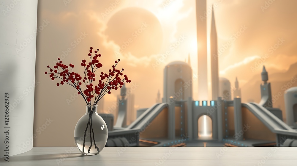 Futuristic city viewed from windowsill with berries in vase. Futuristic city viewed from windowsill with berries in vase.