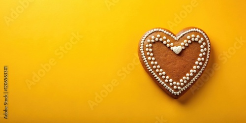 A delicately decorated heart-shaped gingerbread cookie rests on a vibrant yellow background