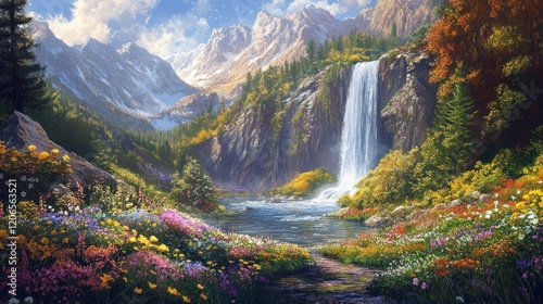 Serene Waterfall Landscape in Majestic Mountains