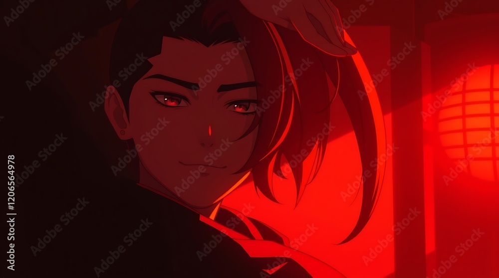 Fototapeta premium Handsome anime man in red lighting.