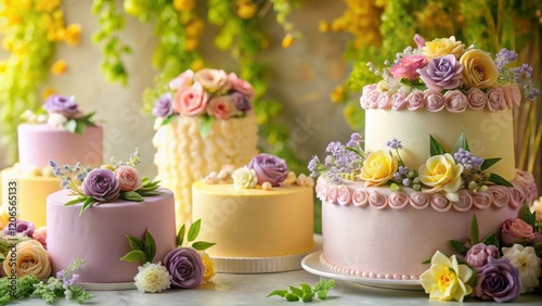 A delightful array of pastel-colored cakes adorned with vibrant sugar flowers, creating a charming and elegant scene.