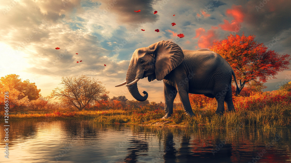 Fototapeta premium Majestic elephant by autumn lake at sunset.