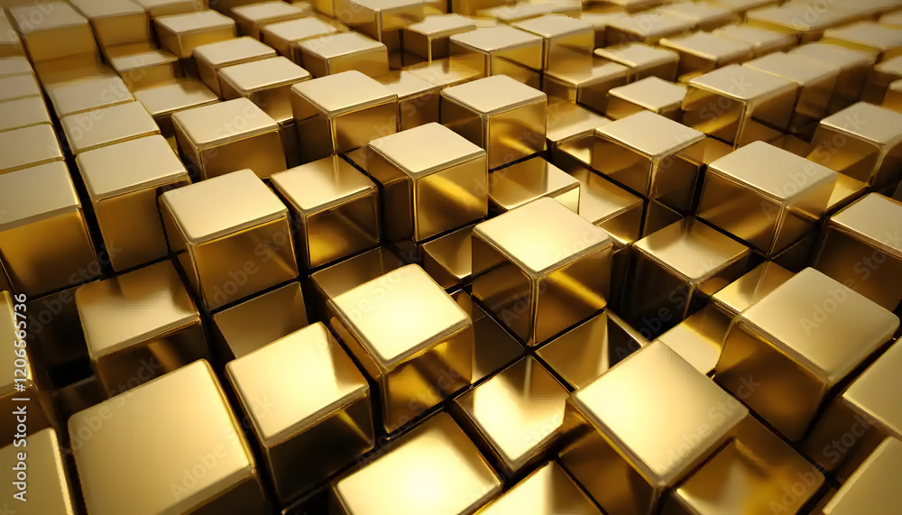 Golden Cubes Abstract Background: Luxurious 3D Render of Shiny Gold Blocks Golden Cubes Abstract Background: Luxurious 3D Render of Shiny Gold Blocks