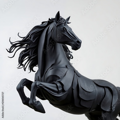 Black horse sculpture, dynamic pose, detailed mane and layered body. photo