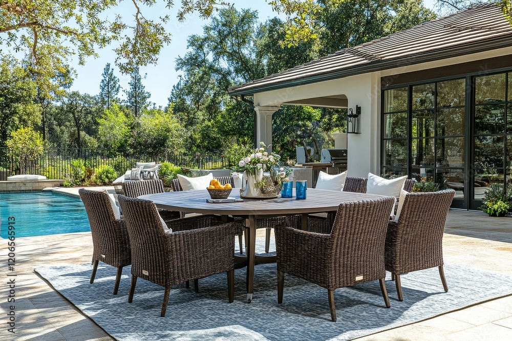 Outdoor patio dining set with dark brown wicker chairs, side tables, and oval wood-top table by the poolside, perfect for summer gatherings. Outdoor patio dining set with dark brown wicker chairs, side tables, and oval wood-top table by the poolside, perfect for summer gatherings.