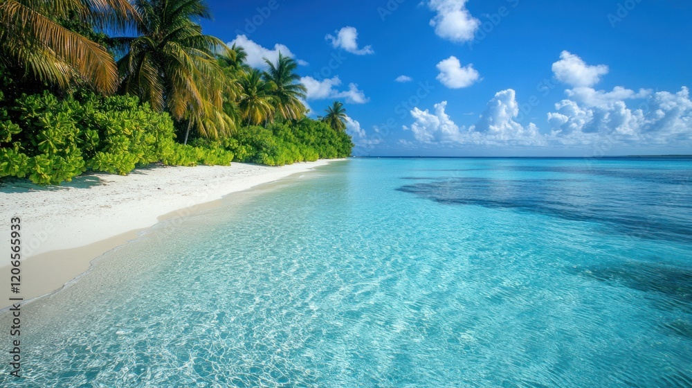 Fototapeta premium Tropical Paradise: Idyllic Beach Scene with Crystal Clear Waters and Lush Palm Trees