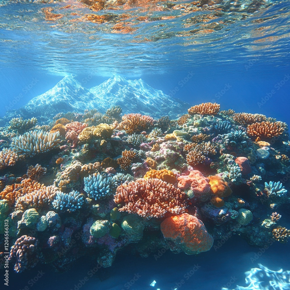 Fototapeta premium Majestic Underwater Scene: Vibrant Coral Reef and Snow-Capped Peaks in Early Morning Light