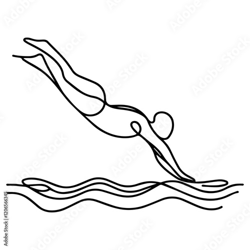 Line drawing of swimmer diving into water on white background 